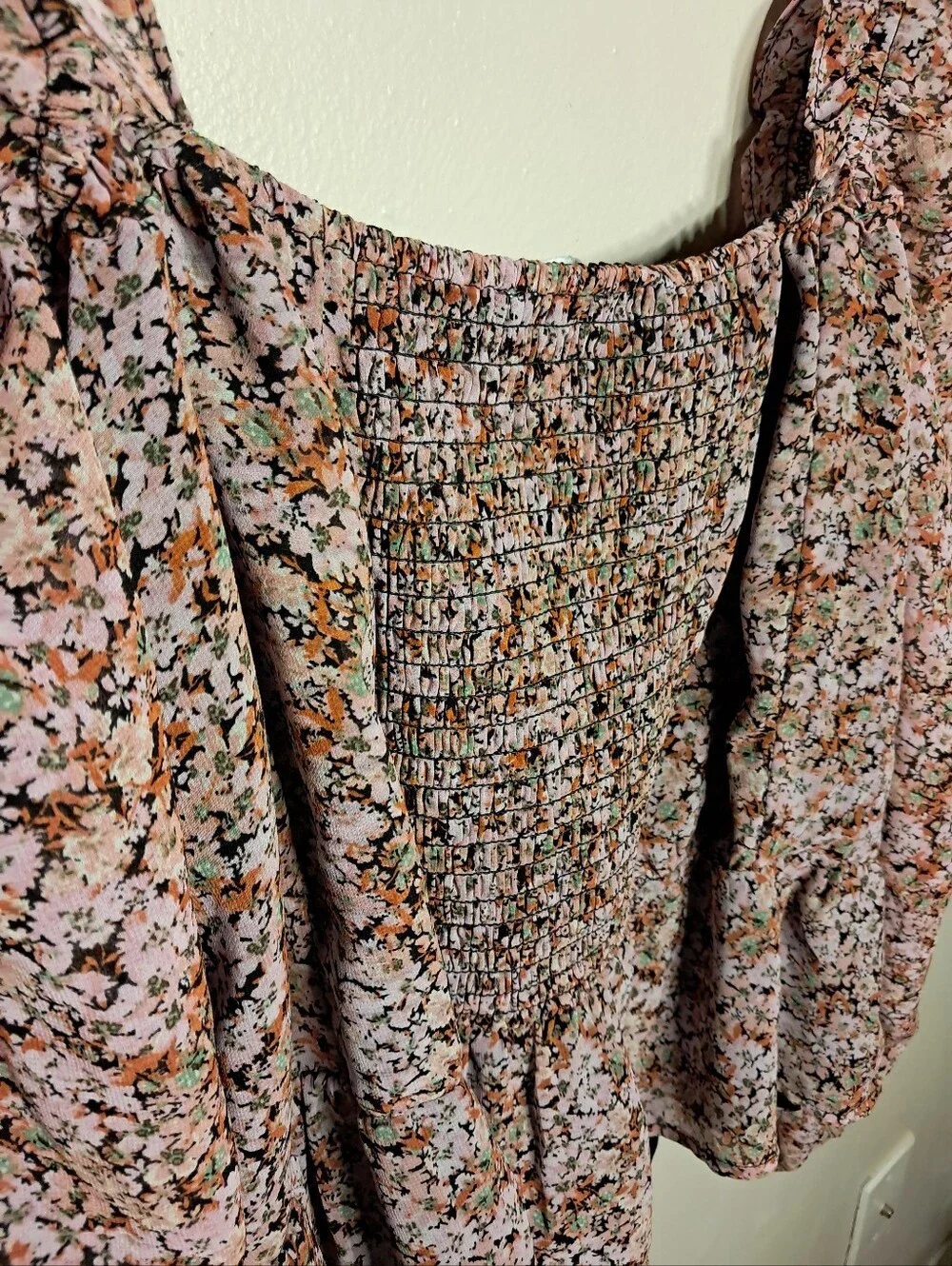 Astr Floral Chiffon Romantic Peasant milkmaid Ruched Blouse in Pink and Black